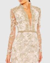 Pink Queen Anne Lace Long Sleeve V-Neck Trumpet  Gown